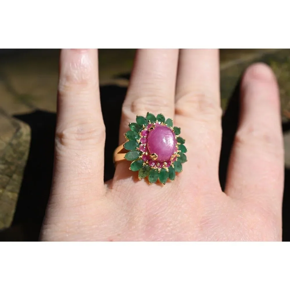 Ruby Emerald Floral Ring – Handmade Boho Statement Ring – Vintage Style Gemstone